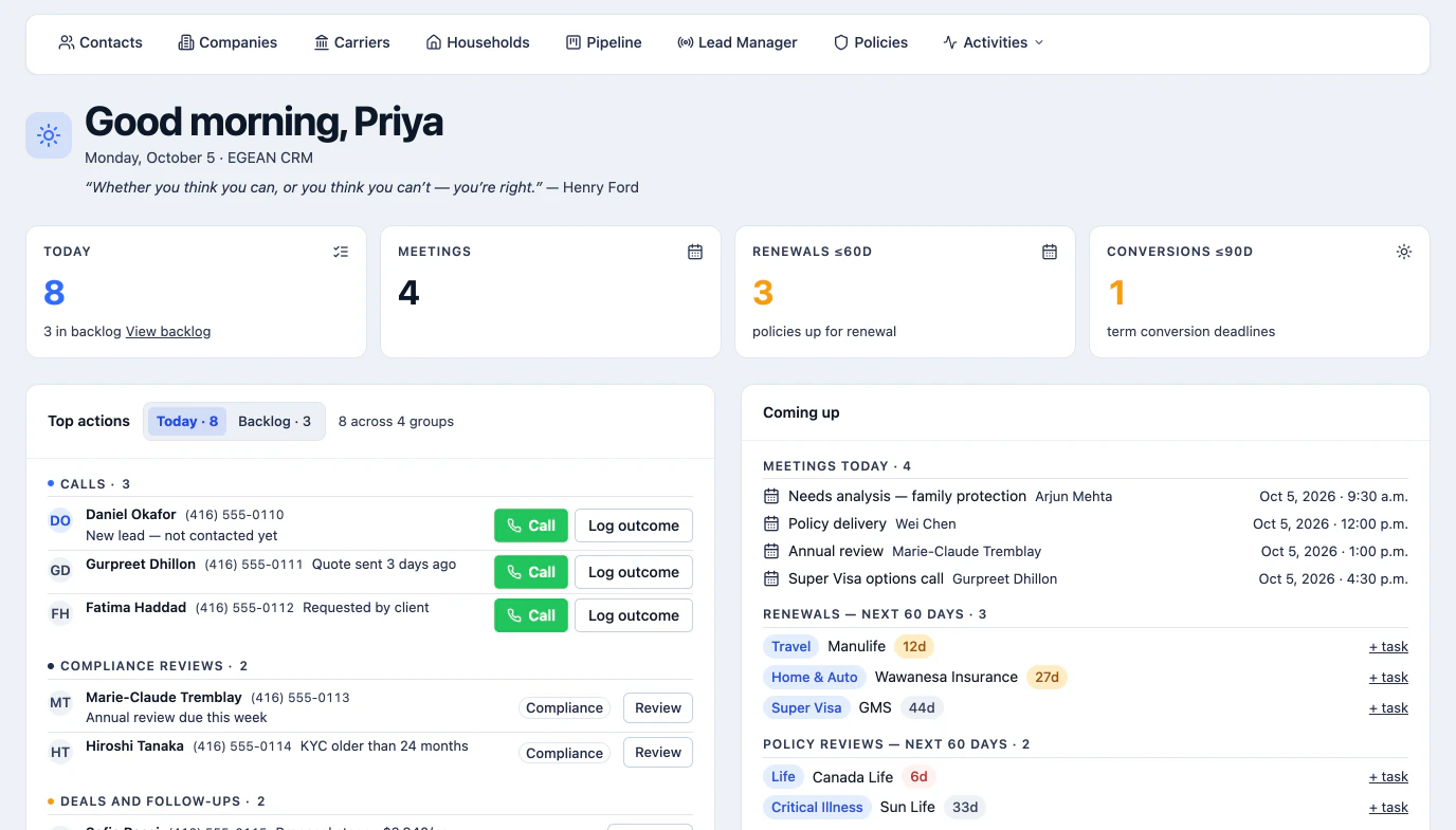 EGEAN CRM Today screen with calls, reviews, renewals and meetings